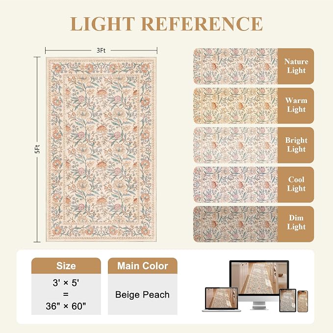 DUKINO 3x5 Rug, Washable Vintage Floral Bedroom Area Rug Non Slip, Beige | Low Pile, Non-Shedding, Stain Resistant Boho Lightweight Soft Indoor Carpet for Bathroom Office Dining Living Room Farmhouse