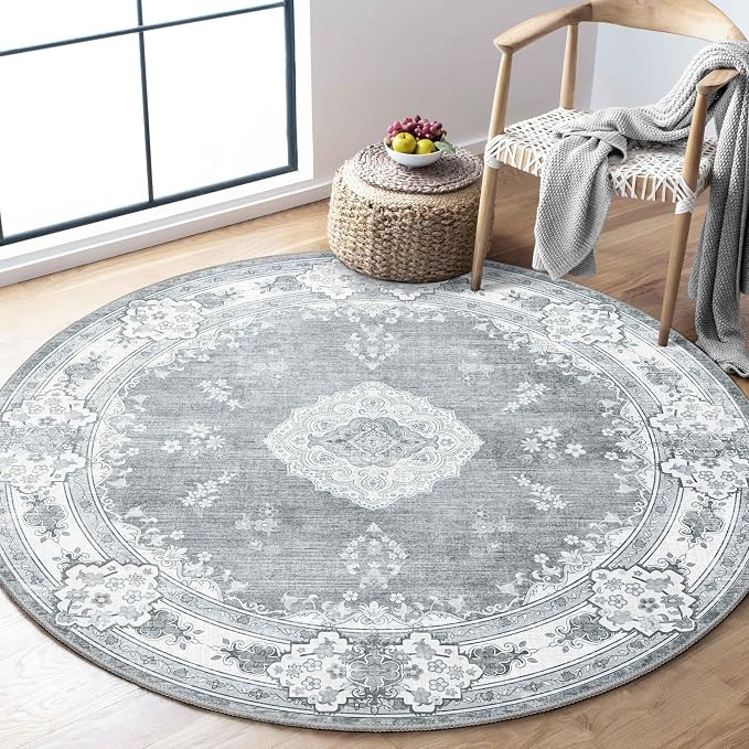 MUJOO Grey Round Rug 4ft Small Circle Washable Area Rug Non Slip Floral | Circular Rugs for Bedroom Living Room Entryway Bathroom Bedroom Boho Throw Carpet Soft Low Pile Indoor Vintage Flowers