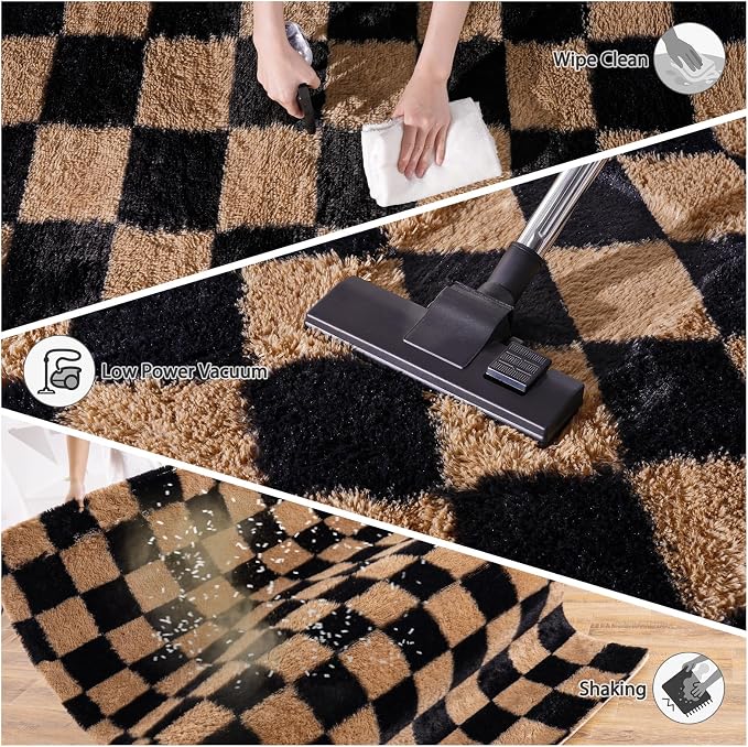 Pionblank Checkered Rug for Living Room, Modern Soft Shag 6x9 Area Rugs, Plush Fuzzy Carpet for Bedroom Girls Boys Room Home Nursery Teens Dorm Decor, Black and Beige