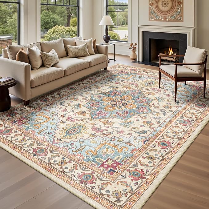 5x7 Area Rugs - Washable Rug Vintage Distress Boho Medallion Rugs for Living Room, Soft Non-Slip Backing Low Pile Carpet for Bedroom Dining Room Office Nursery Dorm Home, Vintage Orange
