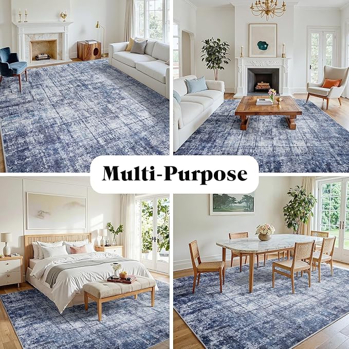 10x14 Area Rugs for Living Room Washable Rug: Anti-Skid Abstract Modern Living Room Rug Soft Thin Carpets Indoor Floor Non-Shedding Carpet for Bedroom Dining Farmhouse Nursery Navy Light Gray