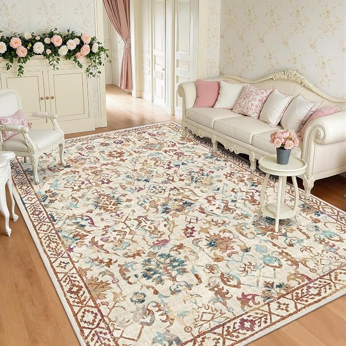 Deerly Beige Colorful Rugs 6x9 for Living Room Soft Non-Slip, Large Vintage Floral Area Rug Retro Tribal Farmhouse Stain Resistant Carpet for Bedroom Dining Room Office Guest Room