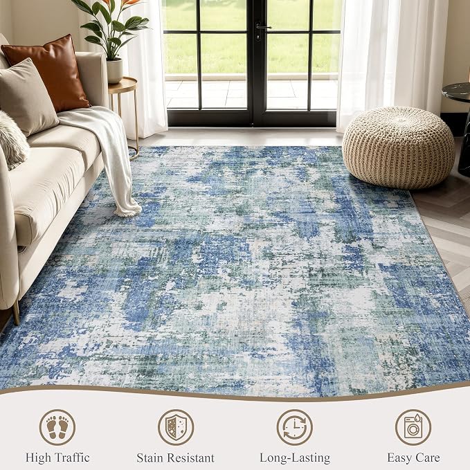 Sasttie 10x14 Soft Area Rug for Living Room, Modern Abstract Washable Large Carpet for Bedroom, with Non-Slip Backing, Blue and Green