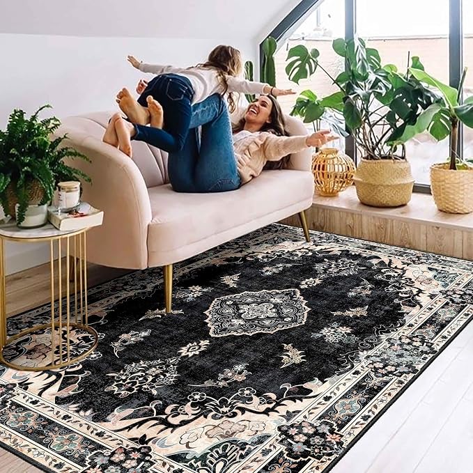 MUJOO Black Rug 4'x6.5' Area Rugs Boho Washable Non Slip Low-Pile Floral | Machine Washable Throw Carpet for Bedroom Living Room Office Entryway Small Soft Floor Indoor Vintage Bohemian Flowers