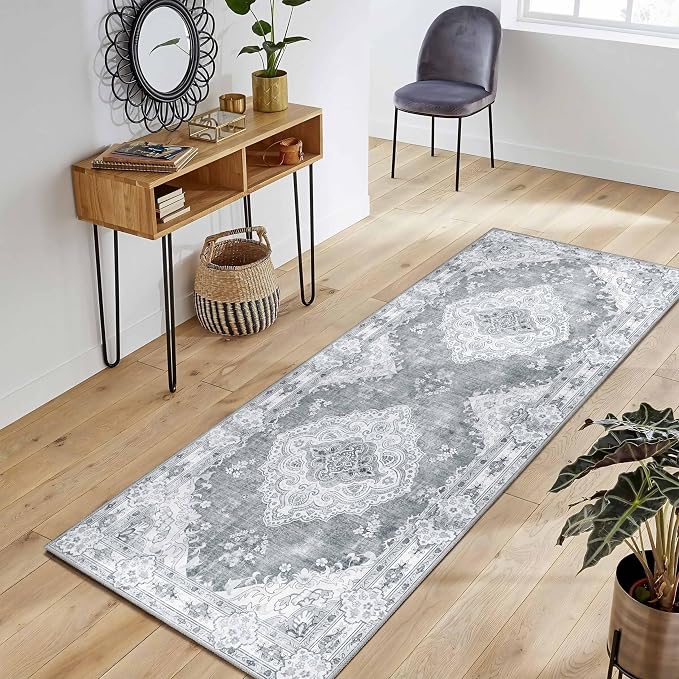 MUJOO Grey Runner Rug Washable 2x6 Area Rugs Non Slip Low-Pile Floral | Long Throw Carpet for Hallways Entryway Kitchen Bathroom Bedside Bedroom Laundry Boho Soft Indoor Vintage Bohemian Flowers
