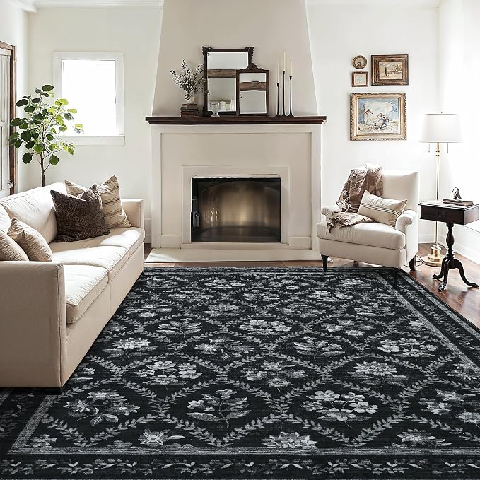 Black Modern Farmohouse Floral Area Rug Boho Flower Washable Area Rug 5x8 Living Room Stain Resistant Soft Bedroom Charcoal Black Vintage Dining Room Floor Covering for Under Table Indoor Carpet