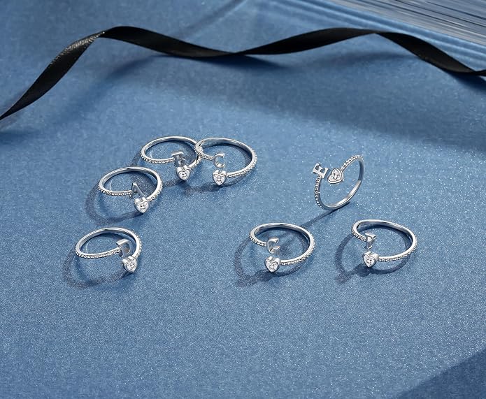 Step Forward 925 Sterling Silver Adjustable Initial Ring for Women | Non Tarnish Letter Rings for Lady | Alphabet Heart Thumb Rings | Capital Letter Jewelry Gifts