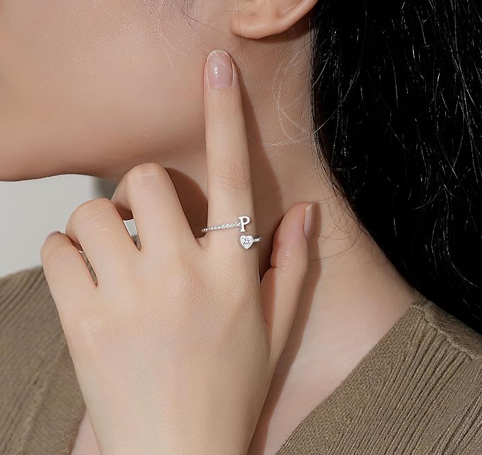Step Forward 925 Sterling Silver Adjustable Initial Ring for Women | Non Tarnish Letter Rings for Lady | Alphabet Heart Thumb Rings | Capital Letter Jewelry Gifts