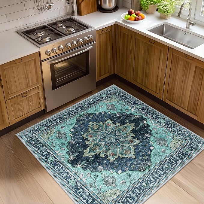RELEANY Area Rugs Square 4ft Washable Non-Slip, Floral Vintage Distress Medallion Carpet for Living Room Bedroom Dining Room, Teal Green Lake Blue Turquoise