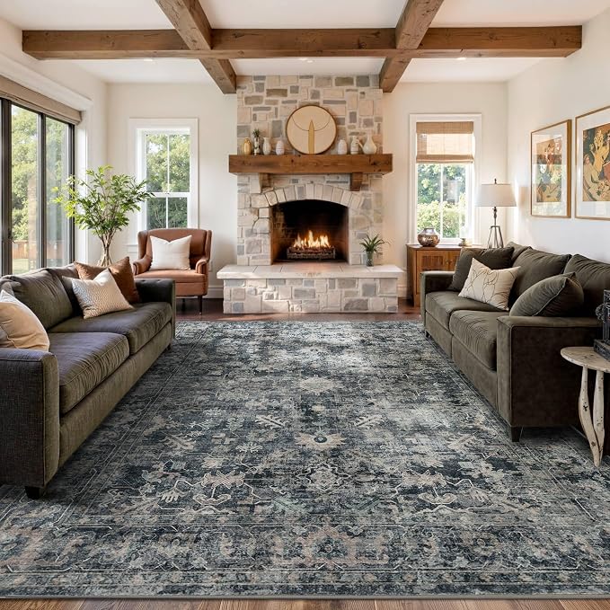 Rugxara Blue 9x12 Area Rugs for Living Room Bedroom Large Washable Rug | Non Slip, Rug for Dining Room Office Farmhouse, Stain Resistant, Soft, Low Pile, Vintage Boho Retro Carpet, Home Decor