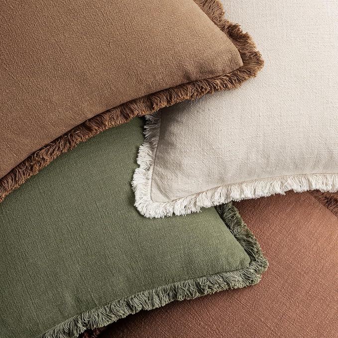 MIULEE Fall Linen Fringe Pillow Covers Set of 4 20x20 Beige/Brown/Green | Boho Farmhouse Decorative Throw Pillow Covers, Neutral Soft Rustic Cushion Cases, for Couch Sofa Bed Living Room Home Decor