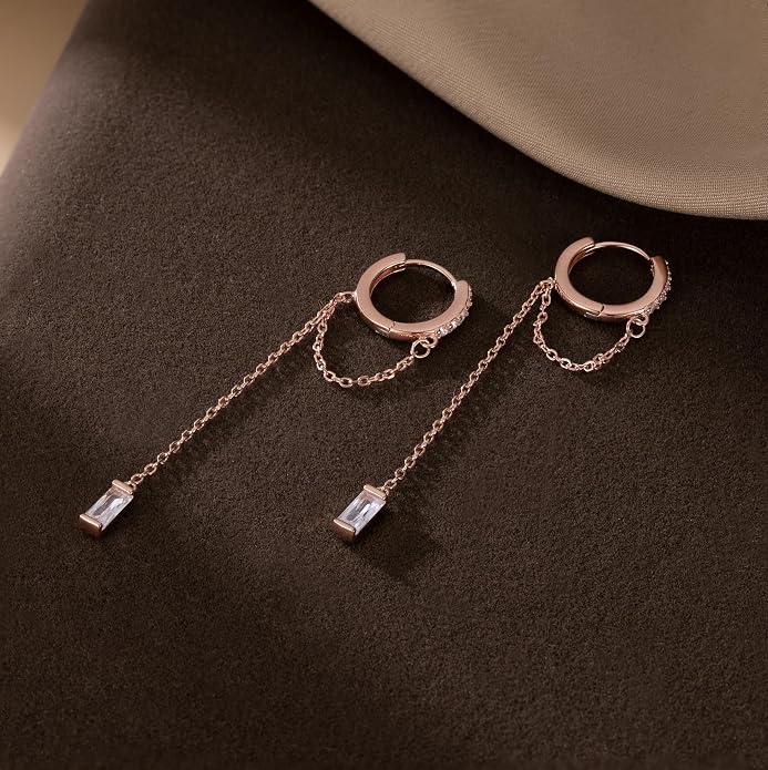 Reffeer 925 Sterling Silver CZ Chain Hoop Earrings Dangle for Women Teens Dangle Earrings Chain Drop Earrings Huggie