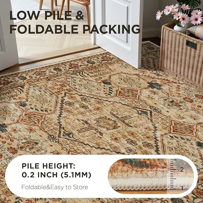 Joydeco 5x7 Area Rugs for Living Room, Machine Washable Vintage Area Rugs, Low Pile Non Slip Carpet, Lightweight Chenille Print Rug for Bedroom, Dining Room, Home Office, Tan