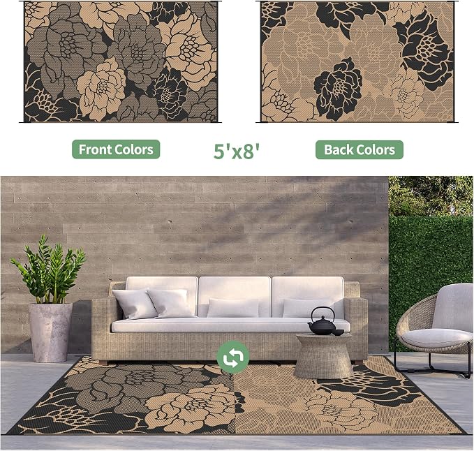 GENIMO Outdoor Rug, Waterproof Plastic Rugs for Patio, 5'x8' Raven Brown | Outside Larger Leaf Carpet Mat for Porch Decor, Deck, Balcony, Camping, RV, Backyard, Picnic, Beach, Reversible, Foldable