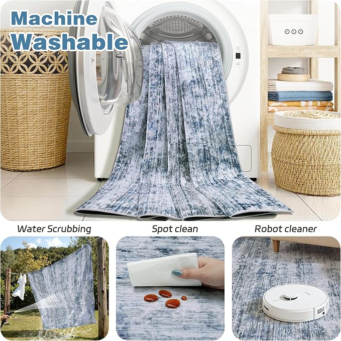 6x9 Area Rugs Living Room Rug Modern Abstract Neutral Washable Rugs Non Slip Soft Carpet Large Area Rug Low Pile Stain Resistant Non Shedding for Bedroom Nursery Dining Room Home Office Gray Blue
