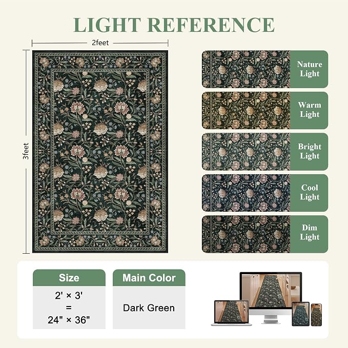 DUKINO 2x3 Rug, Washable Vintage Floral Bathroom Rugs Non Slip, Dark Green | Low Pile, Stain Resistant Boho Soft Indoor Door Mat, Small Front Door Carpet for Entryway Kitchen Laundry Bedroom Farmhouse