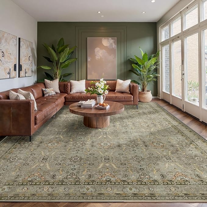 Rugxara 9x12 Area Rugs for Living Room Large Washable Rug, Olive Brown | Non Slip, Rug for Bedroom Dining Room Office, Stain Resistant, Soft, Low Pile, Vintage Boho Retro Carpet, Home Decor