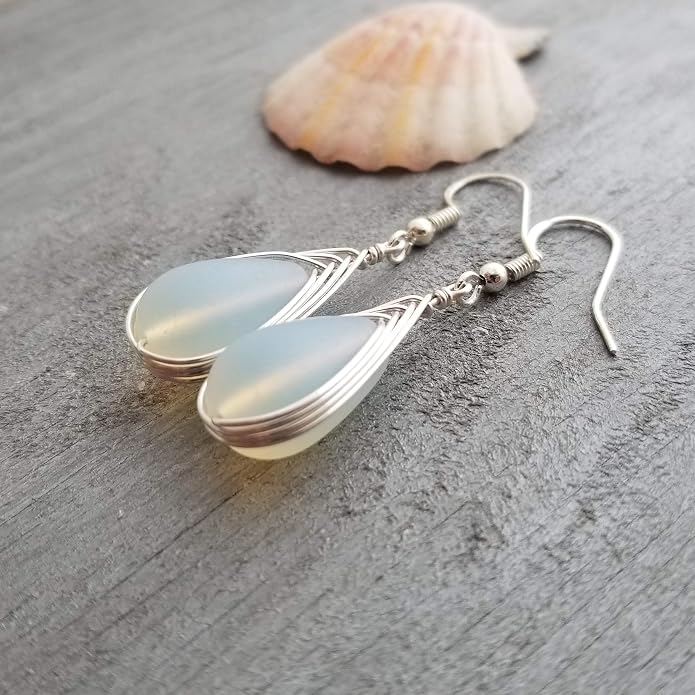 Handmade Sea Glass Earrings, Hawaiian Jewelry, Wire Braided Earrings Teardrop Earrings, Beach Jewelry Sea Glass Jewelry For Women Birthday Gift