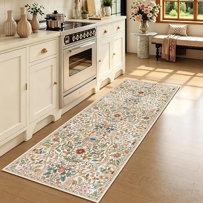 2x5 Washable Runner Rug,Beige Floral Long Rugs for Hallway,Low-Pile Non-Slip Stain Resistant Carpet for Kitchen, Bedside,Laundry Room,Entryway
