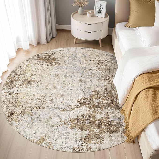 5ft Round Area Rug Living Room Rugs - 5x5 Washable Large Soft Indoor Neutral Modern Abstract Low Pile Rug Carpet for Bedroom Dining Room Farmhouse Home Office - Light Brown