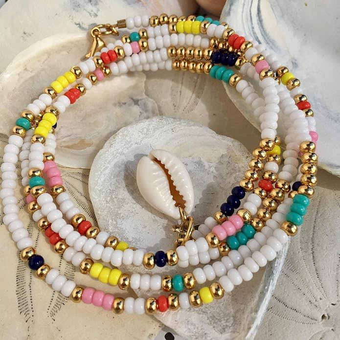 XIJIN 8Pcs Handmade Beaded Anklets for Women Boho Colorful Beads Ankle Bracelets Adjustable Foot Anklet Set