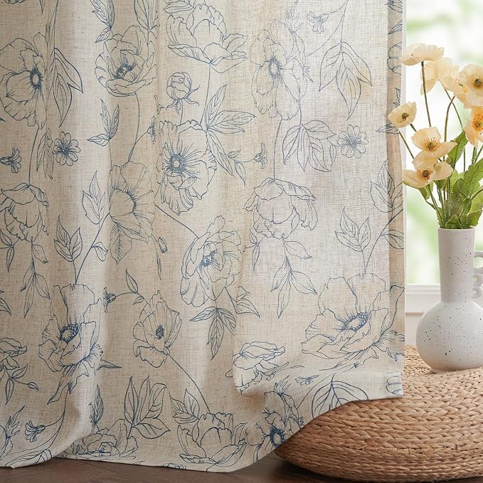 jinchan Floral Linen Curtains for Living Room 63 Inch Length Blue Flower Curtain Rod Pocket Back Tab Farmhouse Curtains with Printed Floral Bedroom Window Curtain Set, 2 Panels Blue