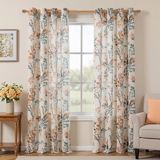 MYSKY HOME Floor to Ceiling Linen Floral Curtains 95 Inch Length 2 Panels Semi Sheer Light Filtering Farmhouse Leaf Printed Window Grommet Drapes for Dining Room, 52" W Each Panel, Burnt Orange