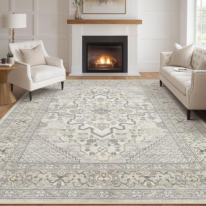 Tortania Area Rug Living Room Rugs - 10x14 Washable Boho Rug Vintage Oriental Distressed Farmhouse Large Thin Indoor Carpet for Living Room Bedroom Under Dining Table Home Office - Beige Linen