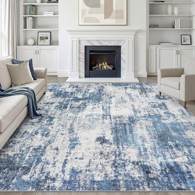 8x10 Area Rugs Living Room: Washable Large Neutral Rug Abstract Soft Modern Stain Resistant Indoor Floor Non-Slip Carpet for Bedroom Nursery Kids Office Playroom Dining Room Under Table- Navy Gray