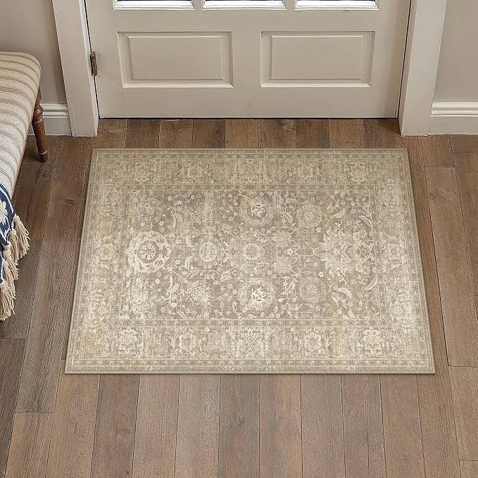 HUGEAR Entryway Rugs 2x3 Beige Washable Rug Door Mat Neutral Vintage Rug Carpet Distressed Soft Durable Non Slip No Shedding for Indoor Bedroom Kitchen Dining Nursery Laundry