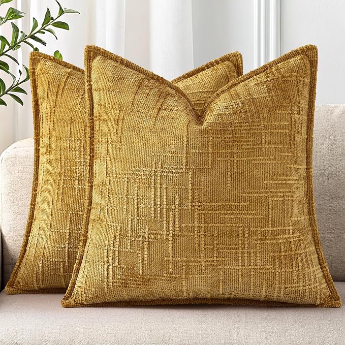 decorUhome Chenille Fall Throw Pillow Covers 24x24 Set of 2,Mustard Yellow | Soft Texture, Slubby Modern Design, Flange Edges, Cozy Accent Pillow Covers for Couch, Sofa, Bed, Living Room