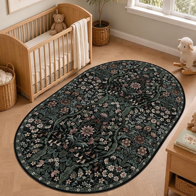 5×7 Oval Rugs Black Washable Floral Rug,Vintage Boho Soft Low-Pile Living Room Rugs, Stain Resistant Botanical Print Non-Slip Carpet for Bedroom,Dining Room, Kids Nursery,Home Decor