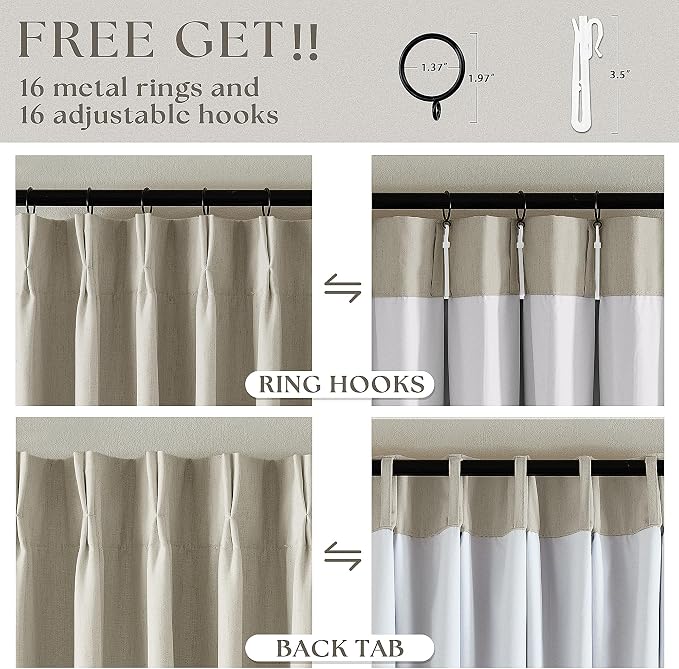 Oatmeal Blackout Pinch Pleat Linen Curtains 105 Inches Long for Bedroom | 100% Black Out Curtains Lined 2 Layers, Memory Shape, Noise Reducing, Room Darkening, for Living Room Window, 40x105 2 Panels