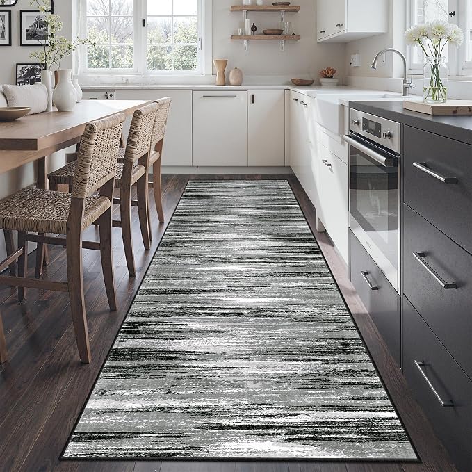 2'6 x 8' Runner Rug Non Slip,Washable Kitchen Rugs,Black | Neutral Rugs for Kitchen,Entryway,Bedroom,Bathroom,Nursery Room,Thin,Soft Runner Rug,Stain Resistant Indoor Carpet