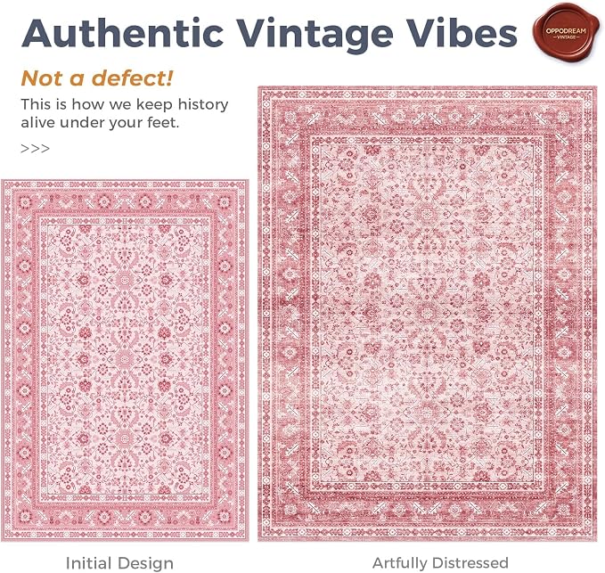 OPPODREAM Vintage Pink 3x10 Runner Rug, 3 x 10 Retro Washable Rug Non Slip, Low-Pile Faux Wool Carpet, Distressed Floor Mat for Kitchen, Hallway, Entry-Way, Entrance, Indoor Back Door