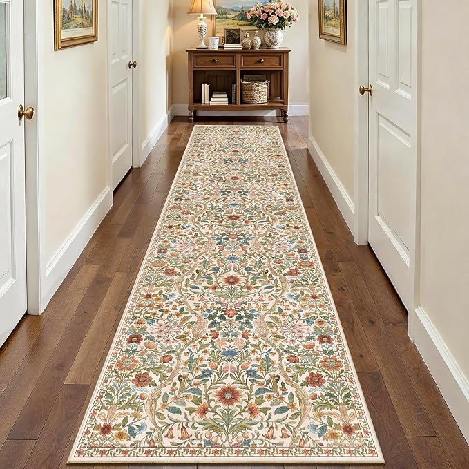 3x12 Washable Runner Rug, Beige Floral Boho Area Rug for Hallway,Low-Pile Non-Slip Stain Resistant Long Carpet for Kitchen, Bedside,Laundry Room,Entryway
