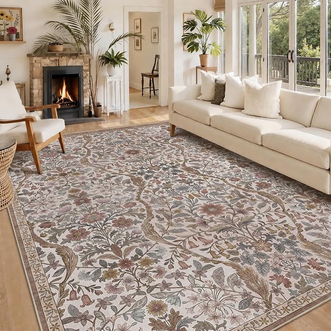 8x10 Washable Area Rug for Living Room, Large Vintage Khaki Beige Floral Rugs, Soft Non-Slip Stain Resistant Boho Lightweight Carpet for Bedroom Dining Room Nursery Home Office
