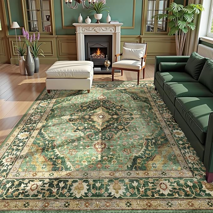 Green Rugs for Bedroom Area Rugs 7x9 Washable Rugs Boho Vintage Oriental Large Foldable Faux Wool Carpet for Living Room Nursery Room Dorm Kids Playroom Home Office