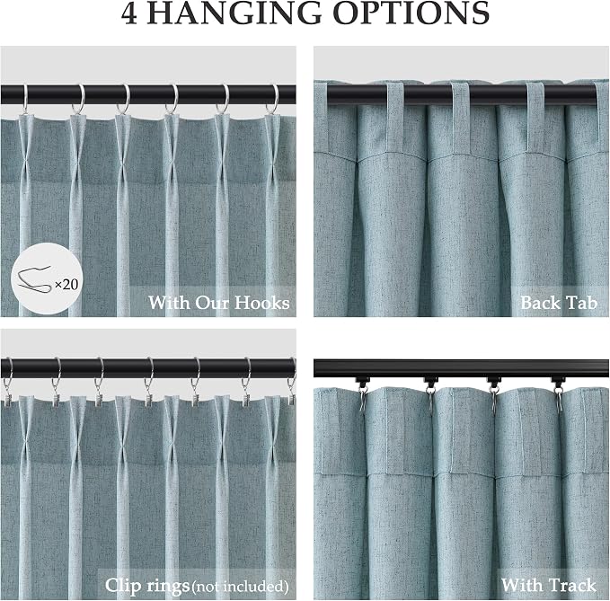 102 Inch Light Blue Pinch Pleat Linen Curtains for Living Room Bedroom Semi Sheer Privacy Flax Textured Pleated Drapes Light Filtering Kids Room Sliding Glass Door Curtain Modern Decorations 40x102