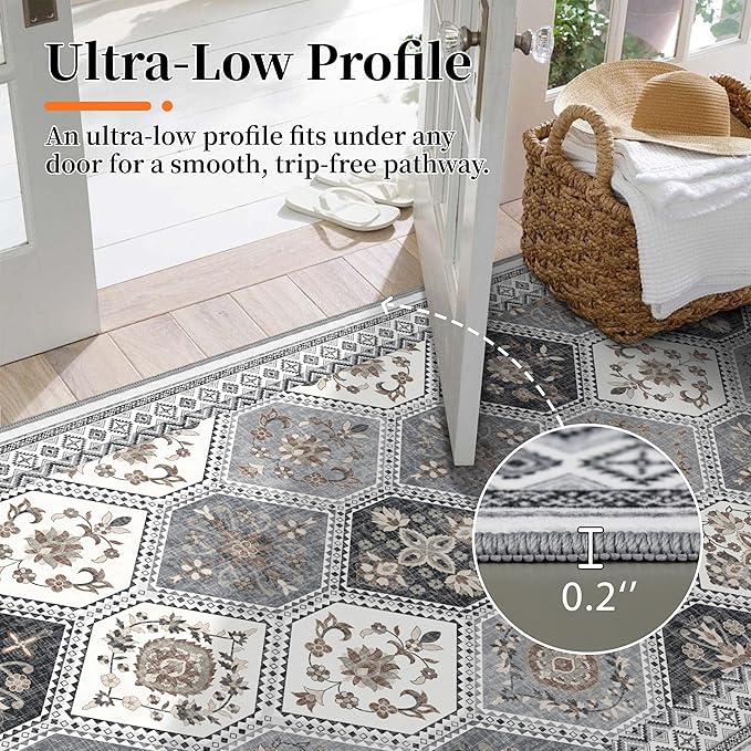 2x3 Washable Entryway Rugs, Non-Slip Boho Rug, Gray/Gold | Soft Moroccan Low-Pile Printed Indoor Throw Rugs for Entrance, Kitchen, Bedroom Bedside