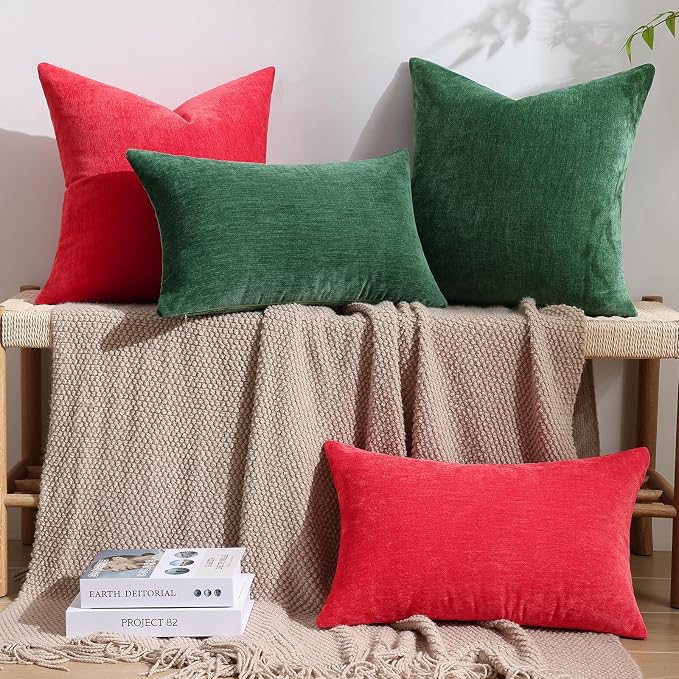 decorUhome Soft Chenille Christmas Red Throw Pillow Covers 26X26 Set of 2 | Decorative Fall Couch Pillow Covers Solid Dyed Accent Modern Euro Sham Farmhouse Neutral Square Pillow Cases for Sofa