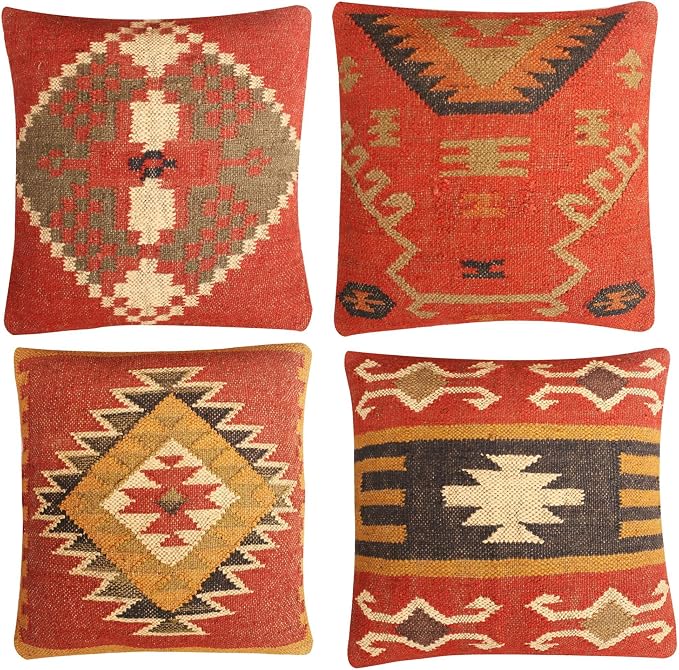 Set of 4 Wool Jute Vintage Kilim Cushion Covers,Home Decor Pillowcases Handwoven Turkish Pillow Decorative Throw Pillow Covers (Multicolor-9), 18x18 inch