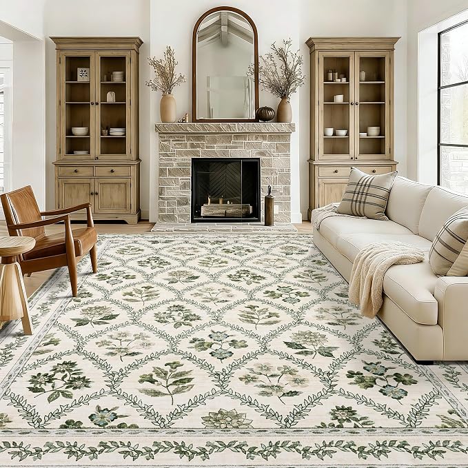Olive Green Area Rugs Washable Rug for Living Room Big Bedroom Faux Wool Soft No Slip Floral Emerald Hunter Green and Beige Boho Vintage Extra Large Carpet for Dining Room Under Table 10x12