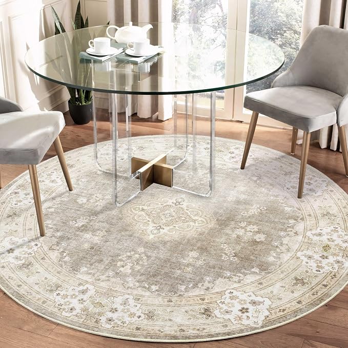 MUJOO Beige Round Rug 5ft,Circle Washable Area Rug Non Slip Low-Pile Floral | Circular Rugs for Bedroom Living Room Dining Room Bathroom Boho Throw Carpet Soft Floor Indoor Vintage Bohemian Flowers