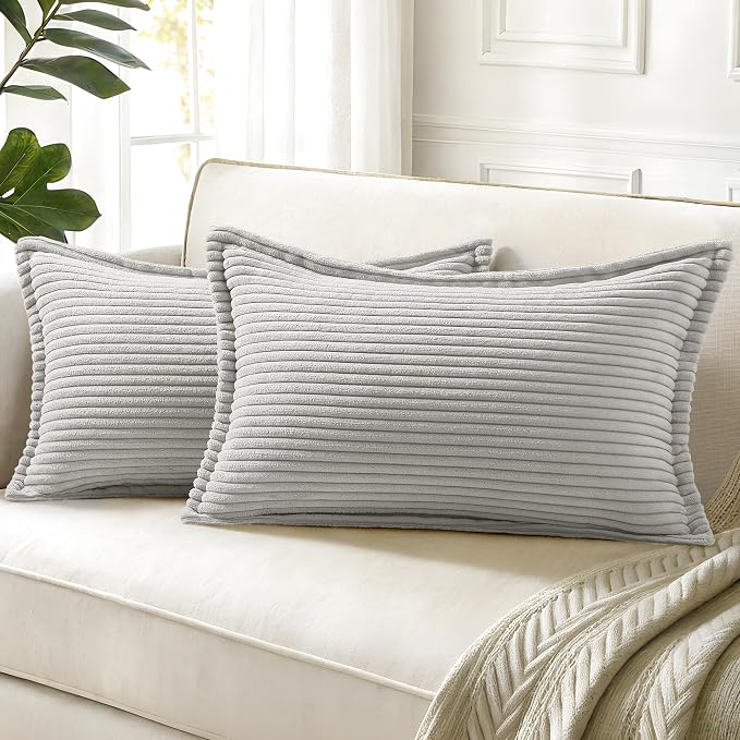 decorUhome Fall Corduroy Grey Throw Pillow Covers 12x20 Set of 2 | Lumbar Couch Decorative Soft Modern Boho Farmhouse Pillow Covers Broadside Striped Pillow Cases for Living Room Bed Sofa