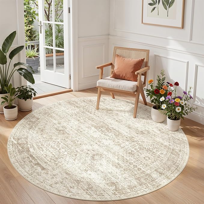 Round Rug 5ft,Circle Rug for Dining Room Table,Beige | Washable Rugs for Kitchen,Entryway,Bedroom,Dining Room,Nursery Room,Thin,Soft Runner Rug,Stain Resistant Indoor Carpet