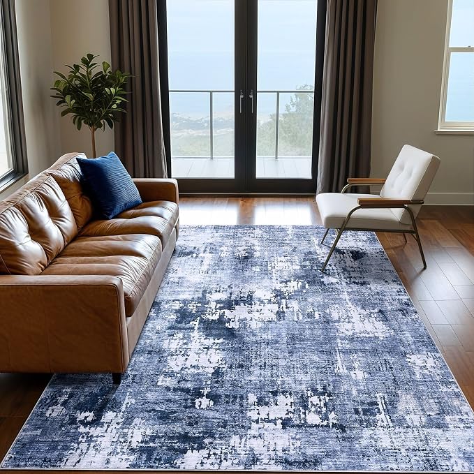 DMOYEST Area Rug Living Room Rugs - 5x7 Washable Large Soft Indoor Neutral Modern Abstract Low Pile Rug Carpet for Bedroom Dining Room Farmhouse Home Office - Navy Blue