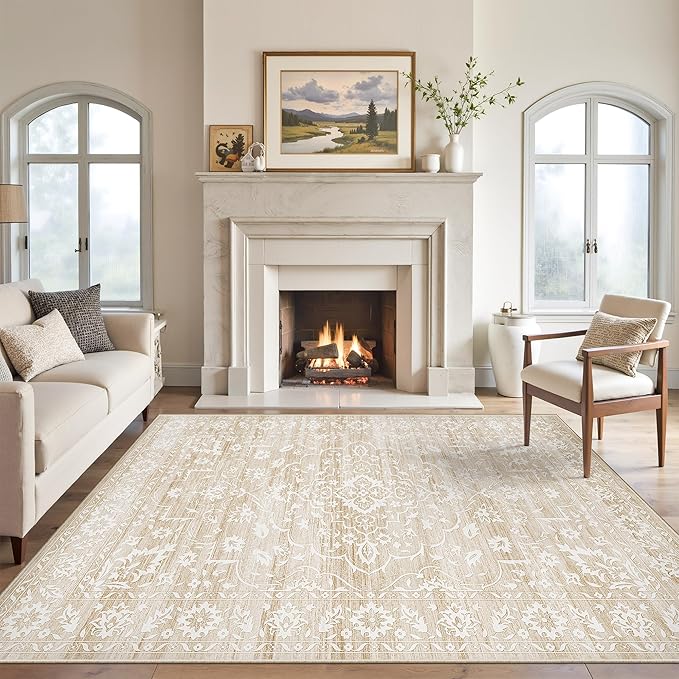 Soalmost 5x7 Area Rugs for Living Room, Washable Neutral Soft Rug Beige | Vintage Floral Non-Slip Low Pile Throw Large Carpet for Dining Room Bedroom Kitchen Home Office Nursery 5'x7'