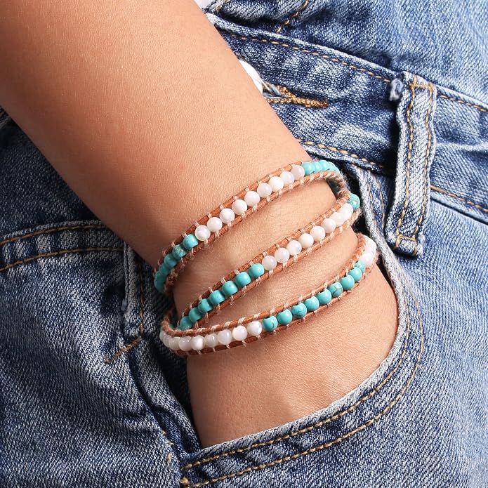 KELITCH Turquoise Beads Bracelets Leather 3 Wrap Bracelet Handmade Women Heart Jewelry