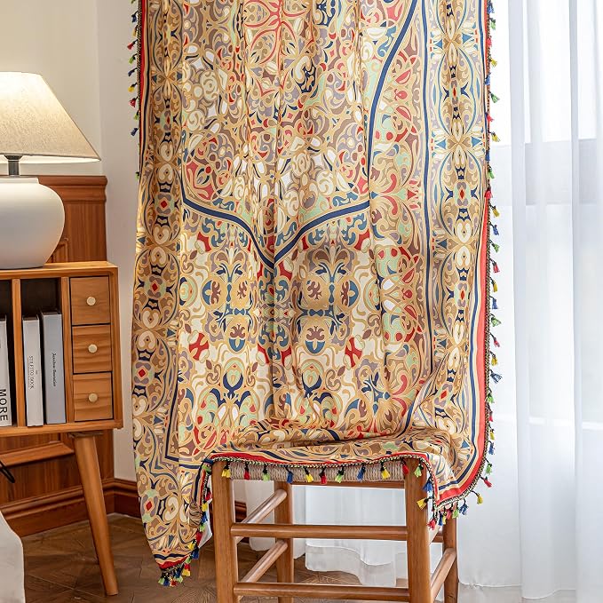 Gold Medallion Curtains 84 Inches Long, Boho Farmhouse Light Filtering Rod Pocket Drapes with Tassel Trim for Bedroom Living Room, 2 Panels